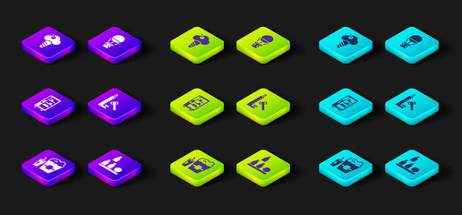 Set Popcorn in box and glass, Bottles ball, Vending machine, Striker attraction with hammer, Hot air balloon and Ice cream waffle cone icon. Vector