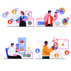 Social Network Concept Scenes Set
