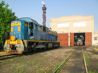 diesel locomotives near the locomotive depot at the old factory of the Ministry of Ferrous Metallurgy 