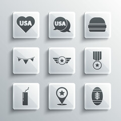 Set USA Independence day, American Football ball, Medal with star, Star military, Dynamite bomb, Carnival garland flags, and Burger icon. Vector