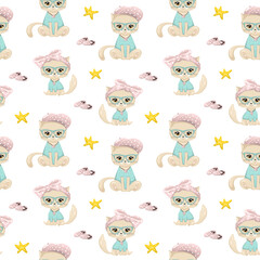 Cute cat with glasses and sea elements seamless pattern.