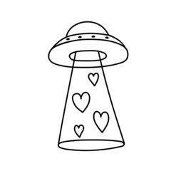 Flying saucer with hearts in doodle style. Romantic UFO for Valentine's Day. Contour vector drawing.