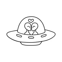 A flying saucer with aliens in love in doodle style.  UFO Contour vector drawing. Unidentified spacecraft