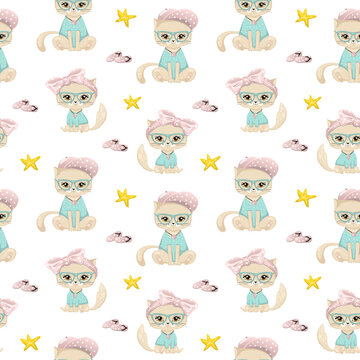 Cute cat with glasses and sea elements seamless pattern.