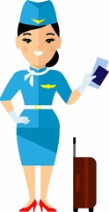 Flat cute cartoon stewardess of aircraft characters in air uniform.