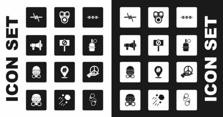 Set Barbed wire, Protest, Megaphone, Hand grenade, Gas mask, Peace and icon. Vector