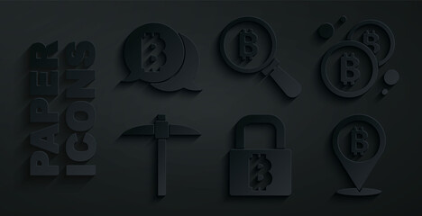Set Lock with bitcoin, Bitcoin, Pickaxe, Magnifying glass and icon. Vector