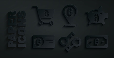 Set Cryptocurrency key, Piggy bank bitcoin, Credit card with, Bitcoin and Shopping cart icon. Vector