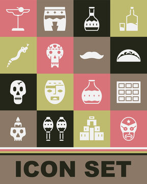 Set Mexican wrestler, Chocolate bar, Taco with tortilla, Tequila bottle, skull, Snake, Margarita cocktail and Mustache icon. Vector