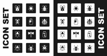 Set Chafer beetle, Spider in jar, Beetle deer, Clothes moth, Colorado, Fireflies bugs and Cockroach icon. Vector