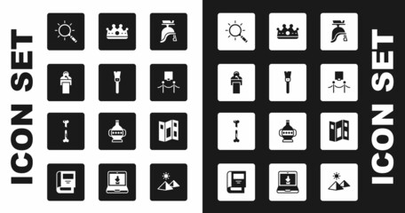 Set Roman army helmet, Paint brush, Gives lecture, Magnifying glass, Picture and rope barrier, King crown, Museum guide brochure and Human broken bone icon. Vector