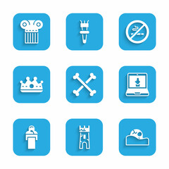 Set Crossed human bones, Castle tower, Human skull, Online museum, Gives lecture, King crown, No Smoking and Ancient column icon. Vector