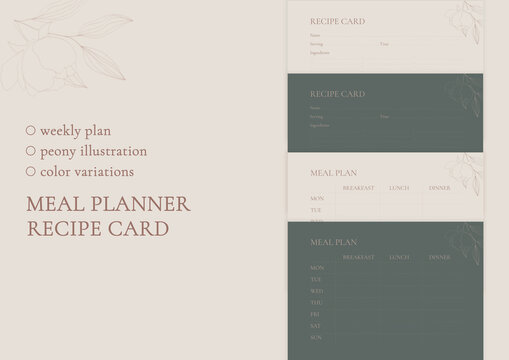 Weekly meal planner and a recipe card with line peony illustration. A4 size, 2 color variations (rose and gray backgrounds), set of 4 pages.