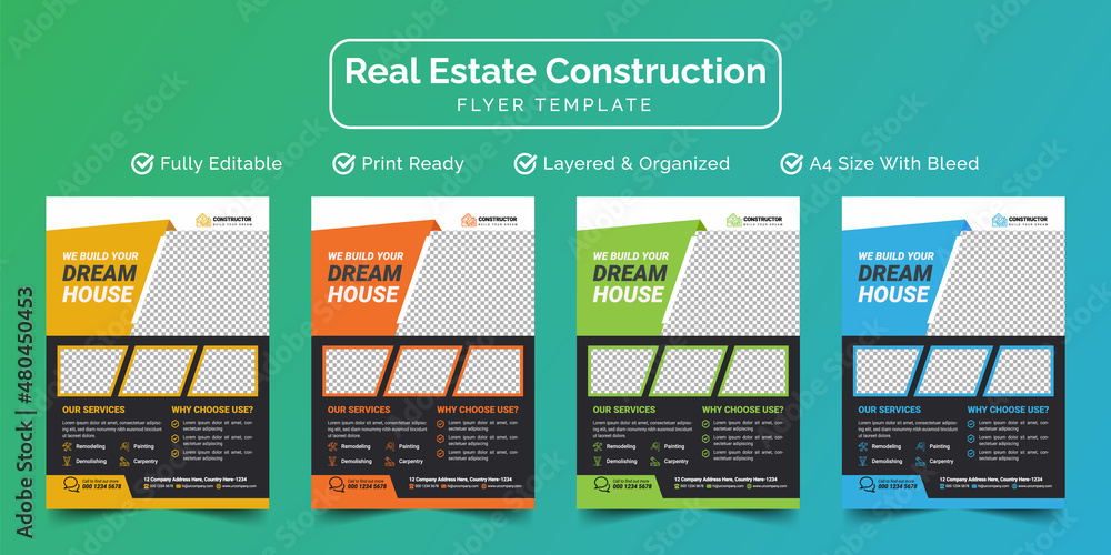 Wall mural Real Estate Construction Business Industry Flyer Template Design | Renovation, Home, Property, Building, Tools | A4 Size Print Ready Pamphlets, Leaflets, Poster Layout Design