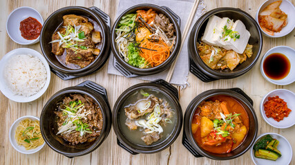 pibimbap, pork ribs, fried beef, tofu korean cuisine top view - 480450448