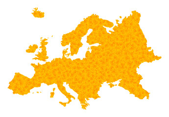 Vector Gold map of Europe. Map of Europe is isolated on a white background. Gold items pattern based on solid yellow map of Europe.