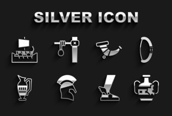 Set Greek helmet, Medieval bow, Broken amphorae, Hermes sandal, Ancient, Hunting horn, trireme and Gallows icon. Vector © Kostiantyn