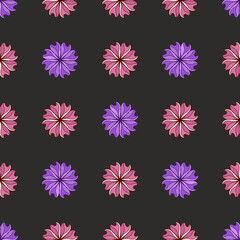 A pattern of red and purple flowers on a black background