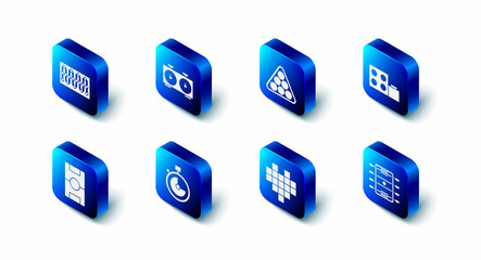 Set Time chess clock, Billiard balls in triangle, Toy building block bricks, Hockey table, Pixel hearts for game, Stopwatch, and Board icon. Vector