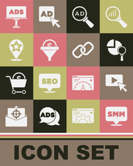 Set Social media marketing, Advertising, Magnifying glass and analysis, Lead management, Map pointer with star, and Chain link icon. Vector