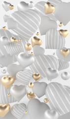 Abstract white background with heart and gold heart. 3d luxury realistic style on white background. 3d illustration creative for design. 3d rendering