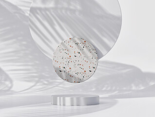 Podium and palm leaves shadows on white background banner. Empty showcase for cosmetic product presentation, promotion sale copy space White pedestal backdrop. 3d illustration