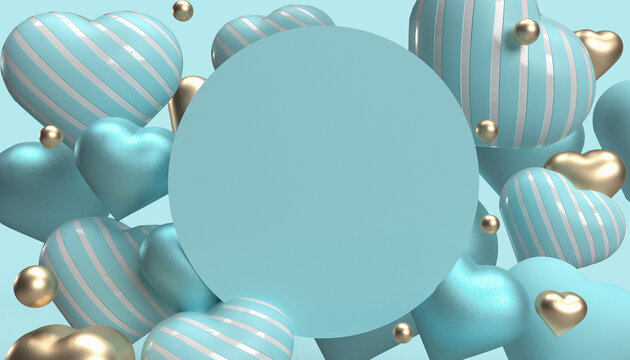 Valentine card background with heart andGOLD heart. 3d luxury realistic style on blue background. 3d render illustration creative for design.