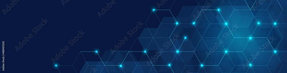 Poster abstract background technology. design of a poster with honeycombs. texture with lines, glowing dots