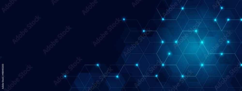 Poster abstract background technology. design of a poster with honeycombs. texture with lines, glowing dots