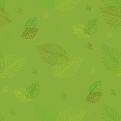 Yellow and green leaves on a green background. Vector botanical drawing. Seamless pattern with leaves. For textiles, wallpapers, backgrounds, postcards.