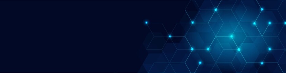 Abstract background technology. Design of a poster with honeycombs. Texture with lines, glowing dots, neon light and hexagonal pattern. Digital communication. Twinkling stars. Vector illustration