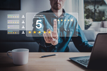 Close up of woman customer giving a five star rating on smartphone. Review, Service rating,...