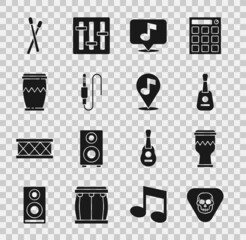 Set Guitar pick, Drum, Musical note, Audio jack, sticks and Location musical icon. Vector