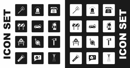 Set Telephone call 911, Burning car, Road barrier, match with fire, Fire extinguisher, Ringing alarm bell, Firefighter axe and helmet icon. Vector