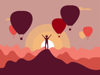 Vector graphics - a man stands on the top of a mountain with his hands raised against the background of sunrise and flying balloons of trendy colors. Concept - freedom and conquest