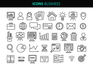 Set Vector Line Icon of Business and Finance. Icons as business people, idea, diagram, basket, global, presentation, goal, work. Outline icons collection. Line style - stock vector