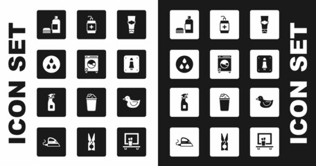Set Tube of toothpaste, Washer, Water drop, Bottle shampoo, Female toilet, Hand sanitizer bottle, Rubber duck and Cleaning spray icon. Vector