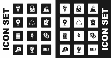 Set Factory, Recycle symbol, Lightning bolt, bulb with lightning, bin recycle, Paper bag, Leaf plant gear machine and Bio fuel barrel icon. Vector