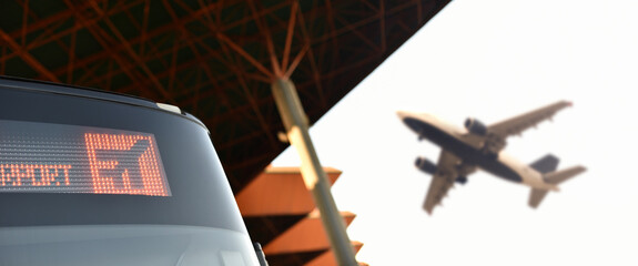 Shuttle Service Bus in Airport on background takeoff jet. Airport transfer concept