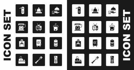 Set Covered with tray, Retro tv, Telephone handset, Door handle, Towel hanger, Hotel service bell, Trash can and Lift icon. Vector