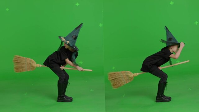 Young woman in a witch hat and black clothes flying on broomstick over green screen background. Halloween concepte. Chroma key. Side view 4k uhd video