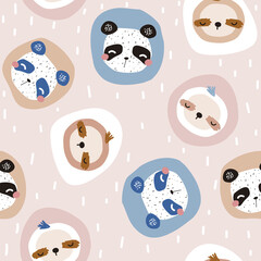 Fototapeta premium Funny childish seamless pattern with panda and sloth. Cute print. Vector hand drawn illustration.