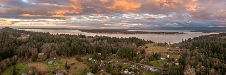 Aerial View From Lummi Island Looking East Towards Bellingham, Washington. Drone shot during a...