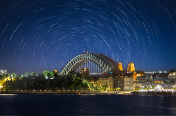 Startrails Sydney Harbour Bridge star trails in the night sky NSW Australia 