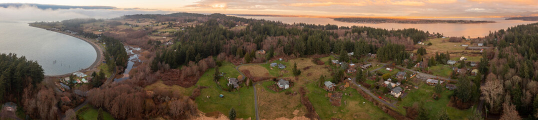 Panoramic Aerial View of Lummi Island During a Beautiful Sunset. North facing view of this gem of...