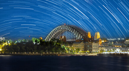 Sydney Harbour Bridge star trails in the night sky NSW Australia 