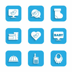 Set Baby inside heart, Monitor Walkie Talkie, bib, hat, food, socks clothes and icon. Vector