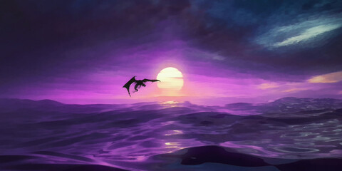 View of the atmospheric sunset. The dragon flies over the sea. Artistic Work