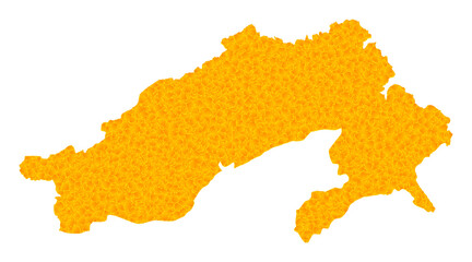 Vector Gold map of Arunachal Pradesh State. Map of Arunachal Pradesh State is isolated on a white background. Gold particles mosaic based on solid yellow map of Arunachal Pradesh State.