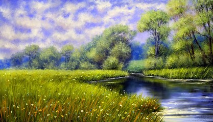 Landscape with river. Oil paintings summer landscape, fine art, artwork